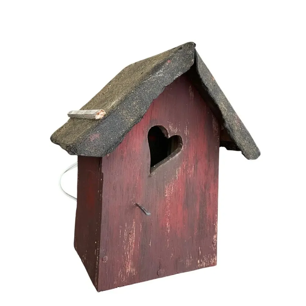 Handmade Folk Art Birdhouse Old Shingle Roof w/ Heart Entrance Light